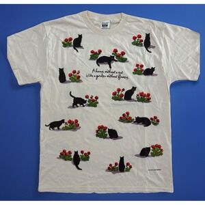 Vintage 90s Cat T Shirt AOP Roses Floral Women's L Made In USA Flower Cotton